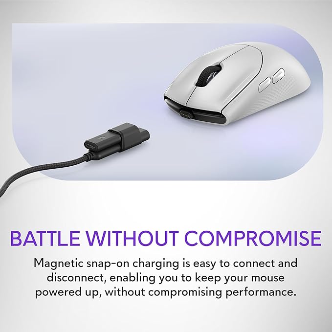 Alienware AW720M Tri-Mode Wireless Gaming Mouse - 2.4GHz Wireless, Bluetooth 5.1, 26,000 DPI, 8-Fully Programmable Buttons, Magnetic Snap Charging Adapter USB-A to USB-C Cable - Lunar Light