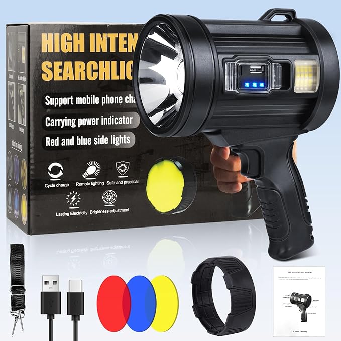 Rechargeable Spotlight Flashlight, 99,000 Lumens Spot Light Handheld Spot Lights, LED Spotlights with COB Light,Super Bright Hand Held Spotlight for Boat