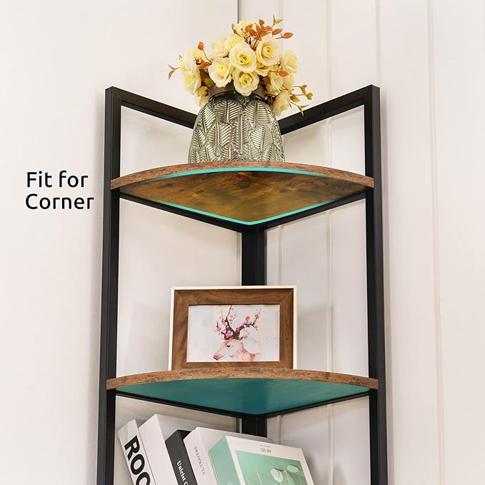 Apicizon 5 Tier Corner Shelf, Industrial Corner Bookshelf with Metal Frame, Rustic Corner Storage Rack Shelves Display Plant Flower, Stand Bookcase for Home Office, Small Place, Kitchen, Rustic Brown