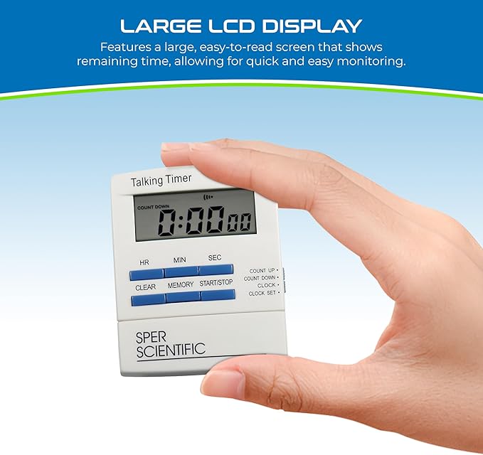 Sper Scientific Talking Timer with Audible Countdown Voice Announcements 810038 - Large LCD Display, Hands-Free Timer with Loud Alarm & Memory Recall - Perfect for Cooking, Labs, Fitness & more - 4 pc