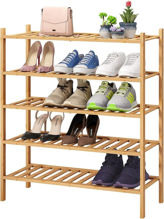 5-Tier Bamboo Shoe Rack for Entryway, Stackable | Foldable | Natural, Shoe Organizer for Hallway Closet, Standing Shoe Racks for Indoor Outdoor