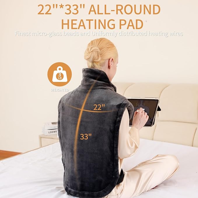 24"x33",Weighted Heating Pad for Back Pain Relief, XXL Large Size Electric Heating Pad for Neck and Shoulders,Neck Heating pad,Warm Christmas Gifts,4 Heat Settings,Auto-Off, Machine Washable,Grey