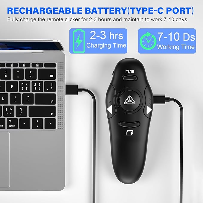 2-in-1 USB Type C Presentation Clicker Wireless Presenter Remote Clicker for PowerPoint Presentations with Laser Pointer, Rechargeable USB C PowerPoint Clicker Slide Advancer for Computer/Mac/Laptop