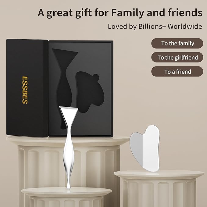 Stainless Steel Gua Sha Board & Acupressure Pen Facial Tools, Lymphatic Drainage Massager for Face, Chin & Jawline Sculpting, Skin Care Gift for Mom Women