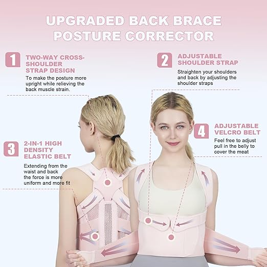 Posture Corrector for Women and Men Upgraded Back Brace, Adjustable Back Support for Upper and Lower Back Pain Relief, Shoulder Straightener for Hunchback, Scoliosis, Lumbar, Spine (Pink, Small)
