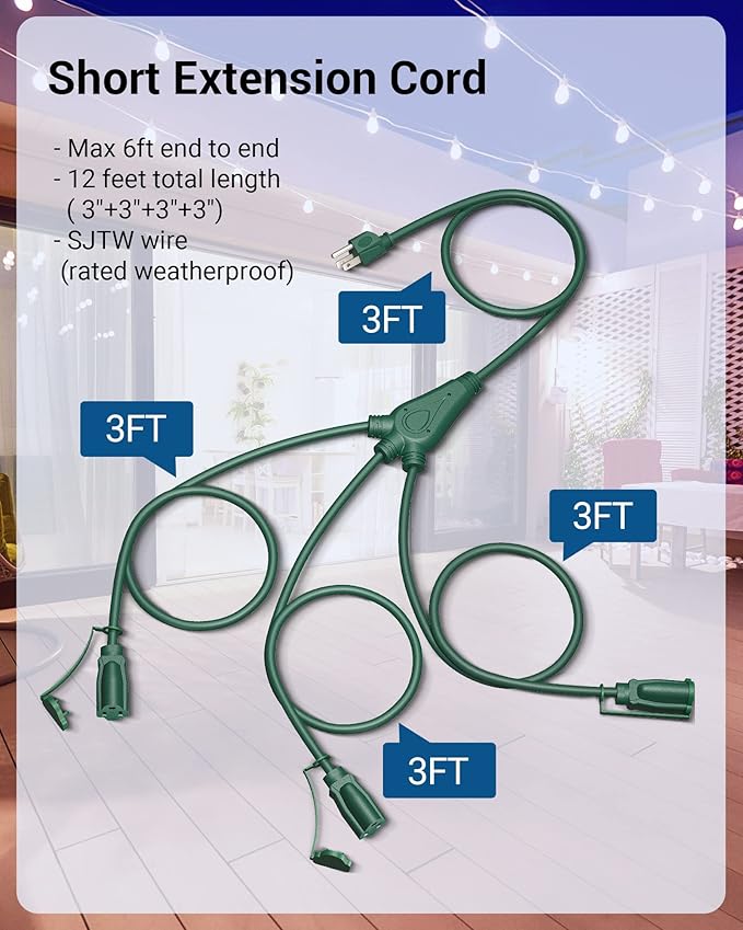 DEWENWILS Christmas Outdoor Extension Cord 1 to 3 Splitter, Total 12FT, 13A 125V 1625W 16/3C SJTW Extension Cord Outdoor, Heavy Duty Extension Cord for Holiday Decorations, Outdoor Light, ETL