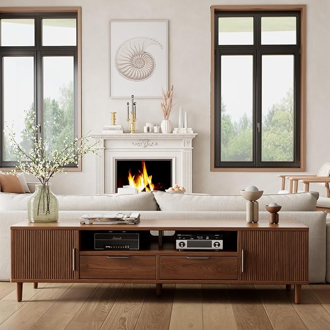 Mid-Century Modern TV Stand Fits TVs up to 60,Fluted TV Consoles Storage Doors and Cable Management,Entertainment Center tv Stands, for Living Room, Bedroom, Dining Room-Walunt