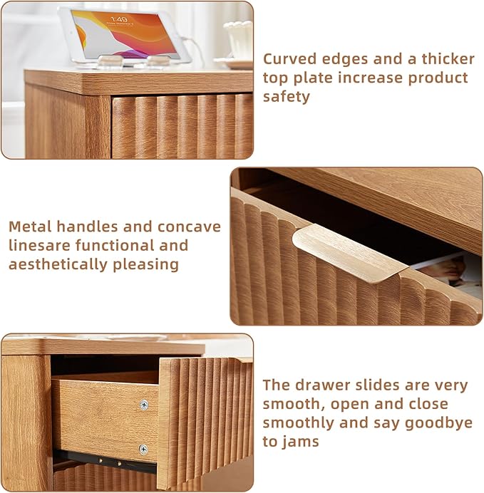 LEYAOYAO 23" Wide Fluted Farmhouse Night Stand Set of 2 with Charging Station, 3 Drawers Large End Table w/Metal Handle, Brown Nightstand Bedside Table,Wood Dresser for Bedroom, Closet