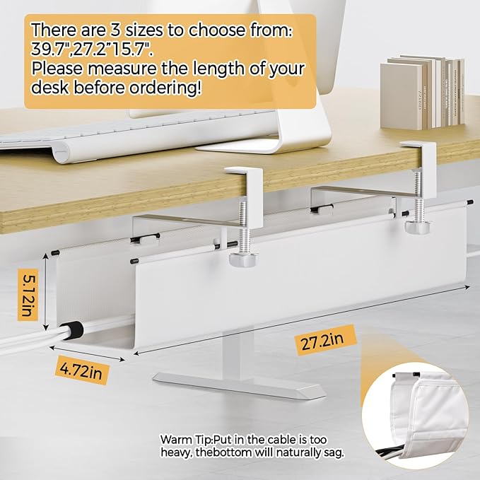 Under Desk Cable Management Tray 27.2" - No Drill Computer Wire Organizer Cable Tray, Fabric Cord Hider Clamp Mount, with 16X Cable Ties PC Cables Management Cord Holder for Office/Home (White)