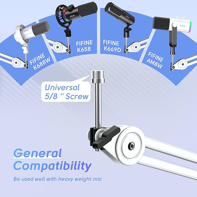 FIFINE Microphone Boom Arm Stand, Metal Heavy Duty Mic Stand, Scissor Suspension Adjustable Boom Arm for Podcast Recording Streaming Gaming, with Desk Clamp, 5/8" Screw, Cable Ties-BM63 White