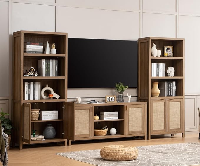SICOTAS TV Stands for Living Room : Rattan TV Console Cabinet with Storage and Shelf, Boho Entertainment Center, 59" Media Console for 55, 65 Inch TV, 26" Tall Television Stands, Oak