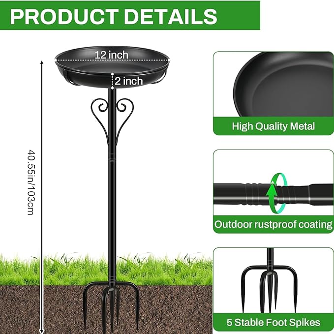 Metal Bird Bath for Outside, Vintage Freestanding Birdbaths with Metal Stake, Upgraded 5 Pronged Base Birdfeeder Feeder Bowl for Outdoors Garden Patio Yard Lawn Decor (Black)