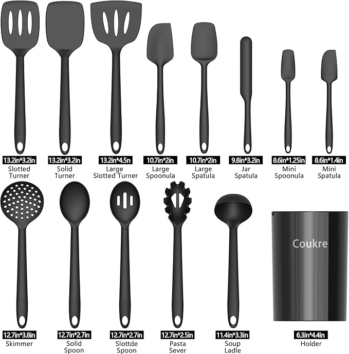 Coukre Silicone Kitchen Cooking Utensils Set with Holder – Heat-Resistant, Food-Grade Kitchen Tools, Spatula, Spoon & Gadgets for Non-Stick Pans, Dishwasher Safe (14, PureBlack)