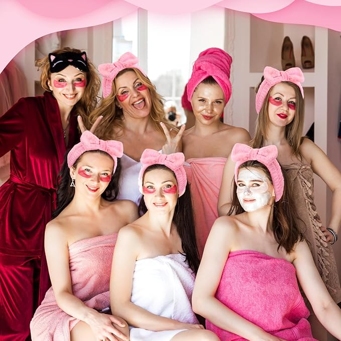 50 Pcs Pink Spa Headband Bulk Spa Sleepover Party Supplies for Washing Face with Removable Bow Makeup Elastic Bowknot Headbands for Women Gifts Soft Skincare Microfiber Hairbands(Pink Style)