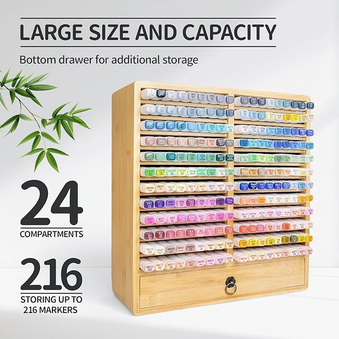 Marker Organizer for 216 Markers, Wooden Marker Storage Organizer with 12 Layers × 2 Compartments, Bamboo Marker Holder with Drawer for Art Supplies and Pens