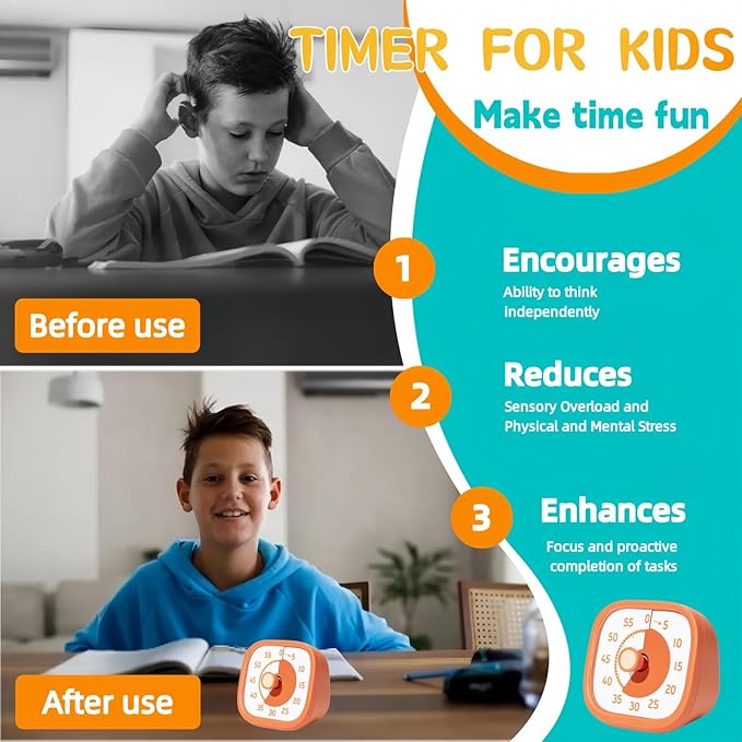Visual Timer for Kids - 60 Minute Visual Kids Timer for Classroom Home Office, Countdown Timer for Cooking Teaching Working Meeting (Orange)
