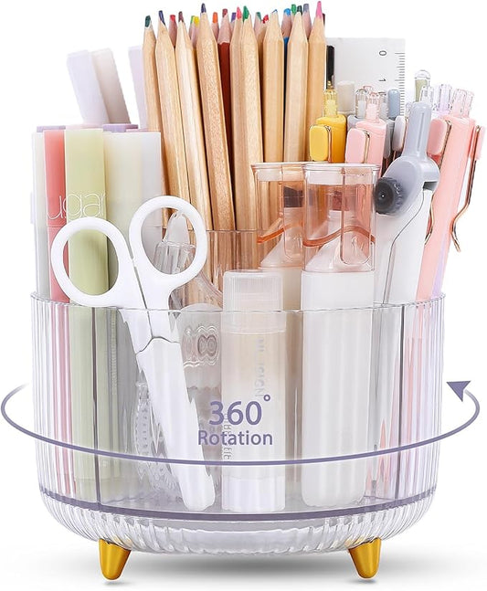 SKYDUE Rotating Pencil Pen Holder, Pen Organizer with 5 Slots - Aesthetic Desk Organizer and Accessories for School, Home, Office Supplies, Clear