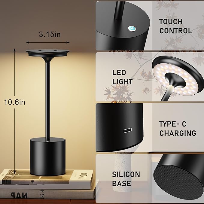 Cordless Rechargeable LED Table Lamp 6000mAh Battery Powered Waterproof Desk Lamp,Portable Touch Tabletop 3 Color Stepless Dimming Light For Indoor/Outdoor/Dinning/Patio/Restaurant(Black 2 Pack)