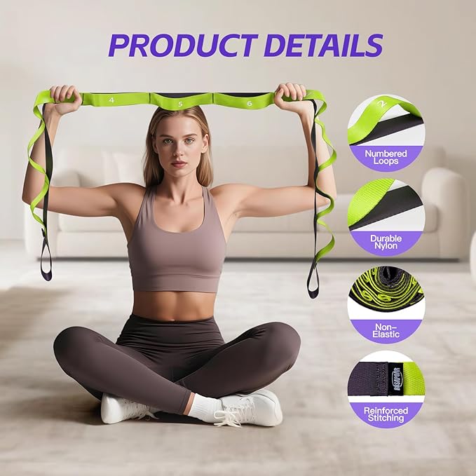 ROSAPOAR Stretching Strap with Loops - Non Elastic Yoga Straps for Physical Therapy, Durable Stretch Bands for Exercise, Flexibility Training, Hamstring & Leg Stretcher, Yoga/Pilates/Gymnastics