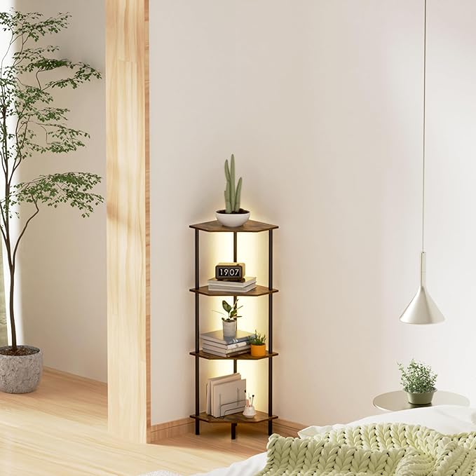 Corner Shelf Stand, Storage Standing Shelf Unit with Metal Frame, Narrow Bookshelf with LED Light Brown Plant Display Stand, Multi Unit Organizer Corner Cabinet for Bedroom, Living Room (4 Tier)