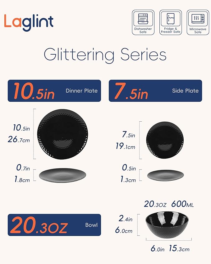 Dinnerware Sets for 4, Light & Durable 12 Pieces Opal Glass Plates and Bowls Set, Dishwasher and Microwave Safe Ribbed Dish Dinning Ware, Thin but Strong Geometric Faceted Black