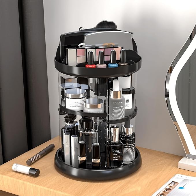 Yieach Rotating Make up Organizers for Counter,Adjustable Spinning Organizer for Vanity,Rotating Perfume Organizer,Lazy Susan Bathroom Organizer for Beauty Product,Spin Skin Care Storage Rack,Black