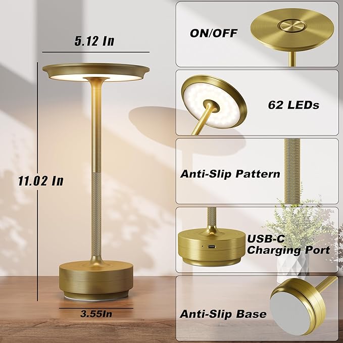 2 Pack Rechargeable Cordless Table Lamps, Portable 5000mAh Battery Table Light, 3 Color Stepless Dimming LED Table Light with Memory Function, for Outdoor/Dinner/Patio/Restaurant.(Gold)