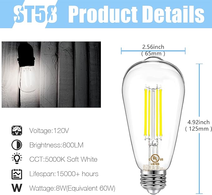 DAYBETTER 6 Pack Vintage LED Edison Bulbs, E26 Led Bulb 60W Equivalent, Dimmable Led Light Bulbs, High Brightness 800 LM Daylight White 5000K, ST58 Antique Filament Bulbs, Clear Glass Style for Home