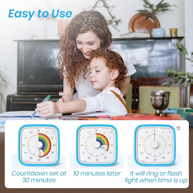 Yunbaoit Visual Timer with Protective Case, Rainbow Disk 60 Minute Countdown Timer for Kids and Adults, Silent Time Management Tool(Blue Rainbow)