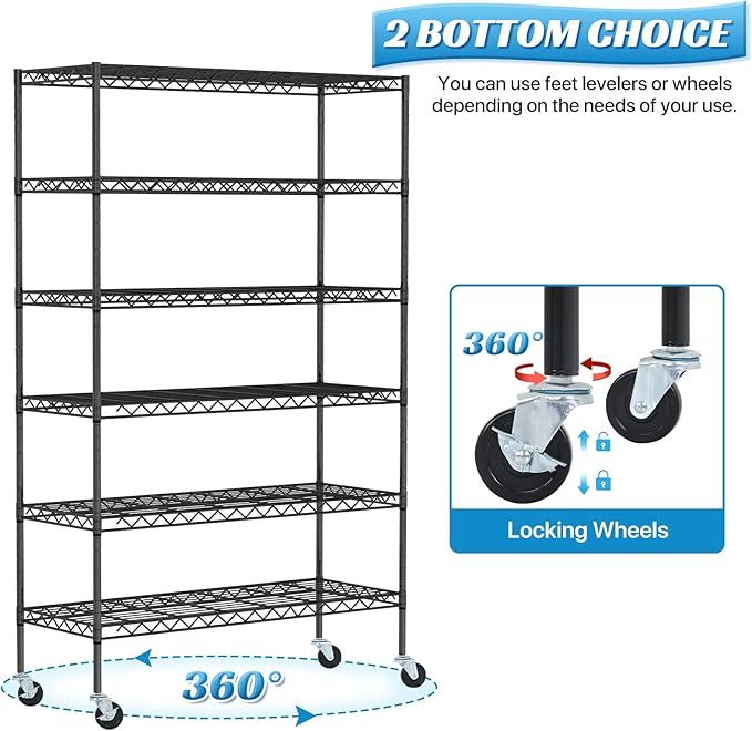 6-Tier Storage Shelves | 2100 LBS Capacity Garage Shelving | 48"×18"×82" Heavy Duty Metal Shelving Unit | Adjustable Wire Shelf on Wheels | Storage Rack for Garage Kitchen Pantry Basement, Black