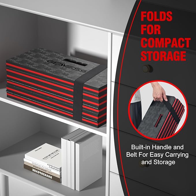 1.1" Extra Thick Foldable Garden Kneeling Pad with Handle & Belt – EVA Foam Knee Cushion Mat for Gardening, Mechanic Work, Bathing Baby, Exercise (47.2" x 15.7" x 1.1", Black & Red)