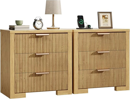 Fluted Nightstand Set of 2 with Charging Station, 23.6" Night Stand with 3 Drawers,End Table with Storage, Bed Side Table for Bedroom,Modern Nightstand for Living Room, Natural