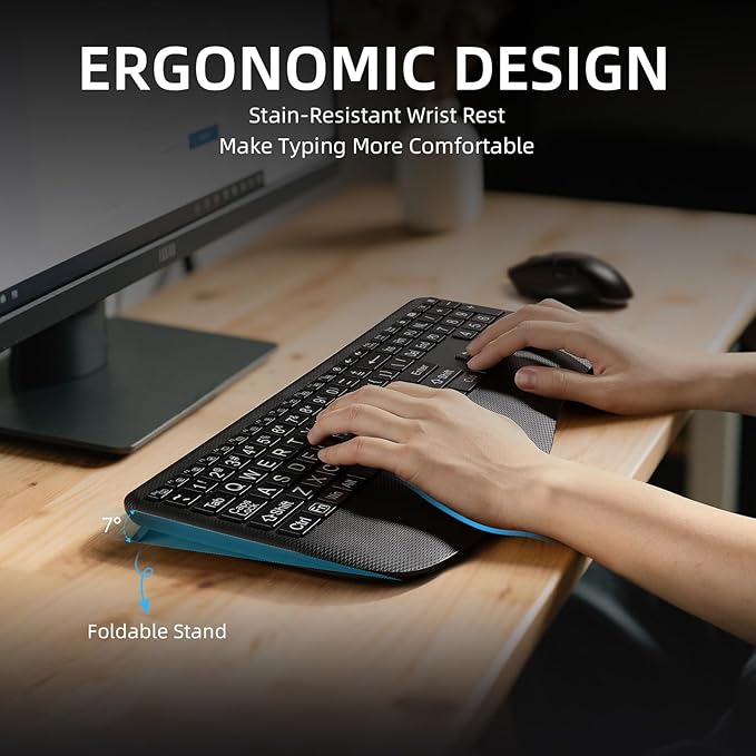 Large Print Backlit Wireless Keyboard – Silent Keyboards with Wrist Rest, 7-Color Light up, Quiet Low Profile Keys, 2.4G Wireless Rechargeable Full Size Keypad for Computer Laptop Windows Mac, Black