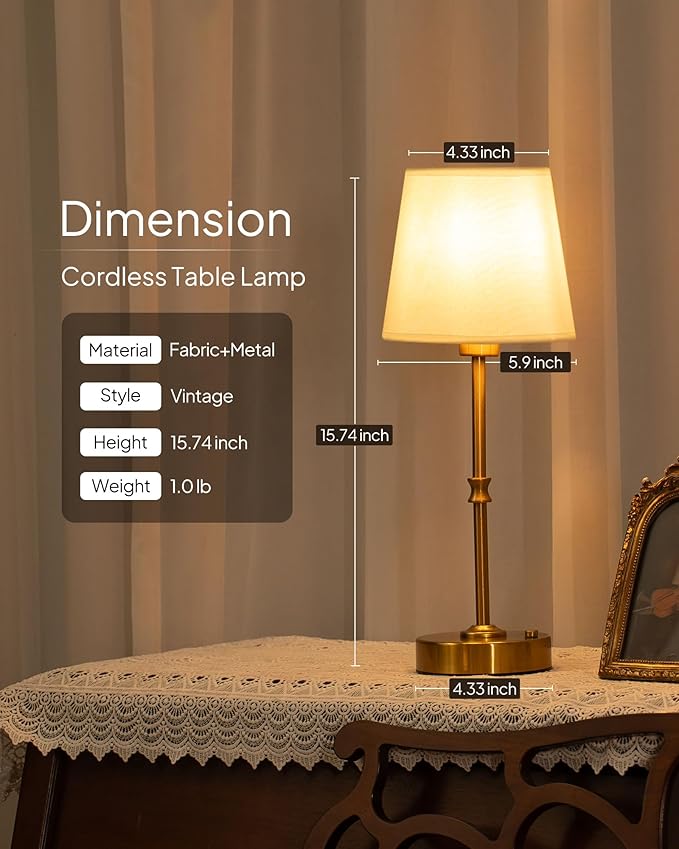 EppieBasic Cordless Table Lamp Rechargeable: Fast Charging & Long Lasting - 2700K Warm Light Vintage Gold Lamps for Women Housewife - Dinning Living Room Bedroom - 2 Pack