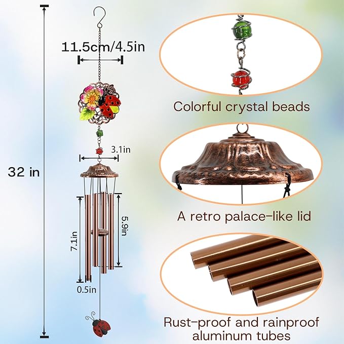 Beetles Wind Chimes Outdoor Beetle Gifts for Women/Men/Mom/Grandma/Wife Birthday Gifts Memorial Gift Metal WindChimes for Outside/Indoors, Home, Lawn, Porch, Patio, Garden Decor,