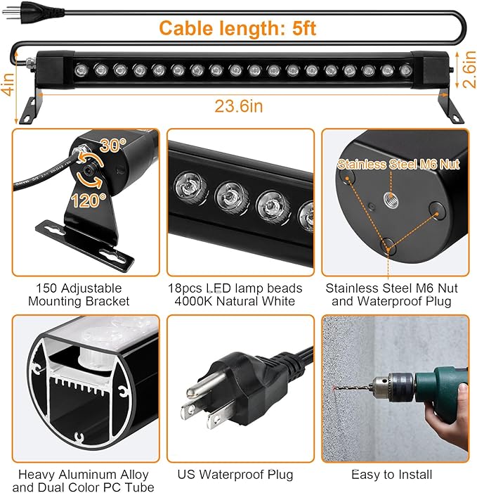 Outdoor Wall Washer Lights 2 Pack,36W 4000K Neutral White Wall Light,120V IP67 Waterproof 2ft Led Linear Wall Light Bar for Outdoor Indoor Building Sign, Hurches,Garden,Courtyards Lighting