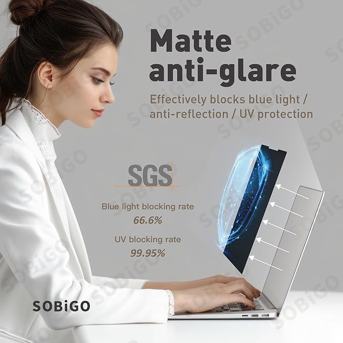 SOBiGO! Magnetic Anti-Blue Light Privacy Screen Protector for Laptop – Anti-Glare, Anti-Scratch, Privacy Filter – Nano Washable Adhesive Strip Design, Easy Installation for 14 Inch Laptop Privacy Screen-Filter for 16:9 Widescreen Display.