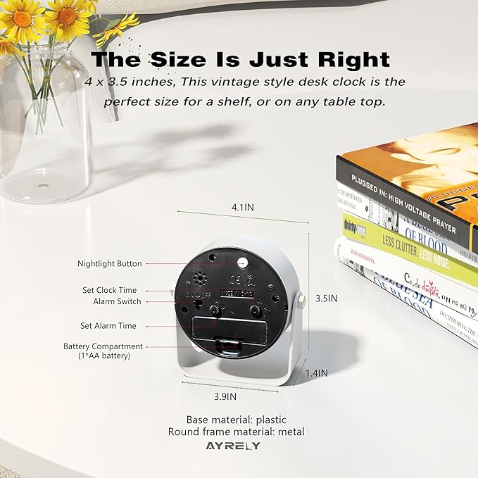 AYRELY® 3.5 Inch Small Analog Alarm Clocks,Battery Operated Desk Clock,Cute Table Clock with Light，Adjustable Angle for Travel,Bedside,Bedroom,Kids,Living Room Decor (White)