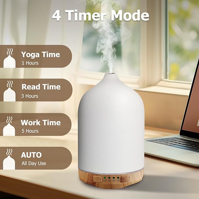 Ceramic Diffusers, Stone Essential Oil Diffuser, Ultrasonic Aromatherapy Diffusers for Home Auto Shut-Off, Wood Grain Base 250ML White
