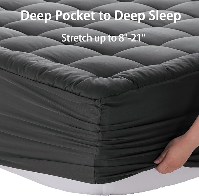 EASELAND Full Size Mattress Pad Pillow Top Cover Quilted Fitted Protector Cotton Top 8-21" Deep Pocket Cooling Mattress Topper (54x75 Inches, Dark Grey)