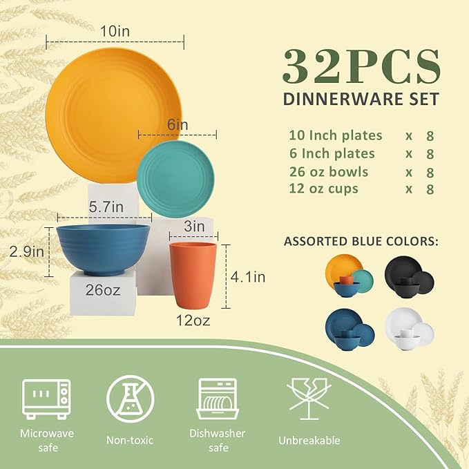Wheat Straw Dinnerware Set of 32, Unbreakable Dinner Plates and Bowls Dishes Sets Service for 8,Dishwasher Safe Dinnerware Sets for Kitchen and Camping.Vibrant Series