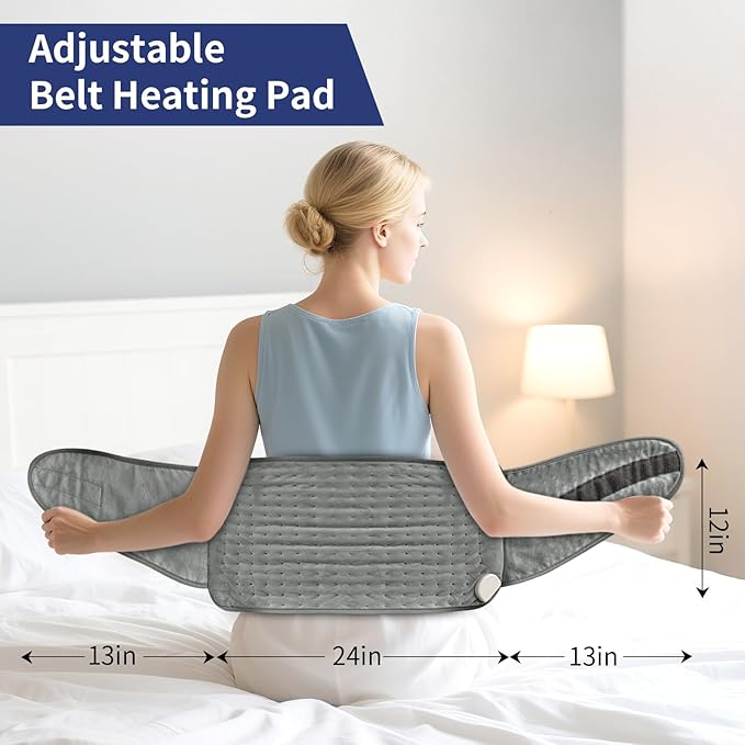 Heating Pad for Back & Period Cramps, 12"x24" Large Electric Heating Pad with 26" Waist Belt, 6 Heat Levels 4 Timers & Auto Shut Off, Gift for Women Men Mom Dad(Gray)