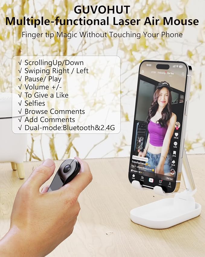 Air Mouse for PC/iOS/Android with Touchpad Bluetooth 2.4G Remote Control for PowerPoint/Keynote/Tiktok/Camera/Kindle App Rechargeable Wireless Presentation for PPT Pointer (Black)