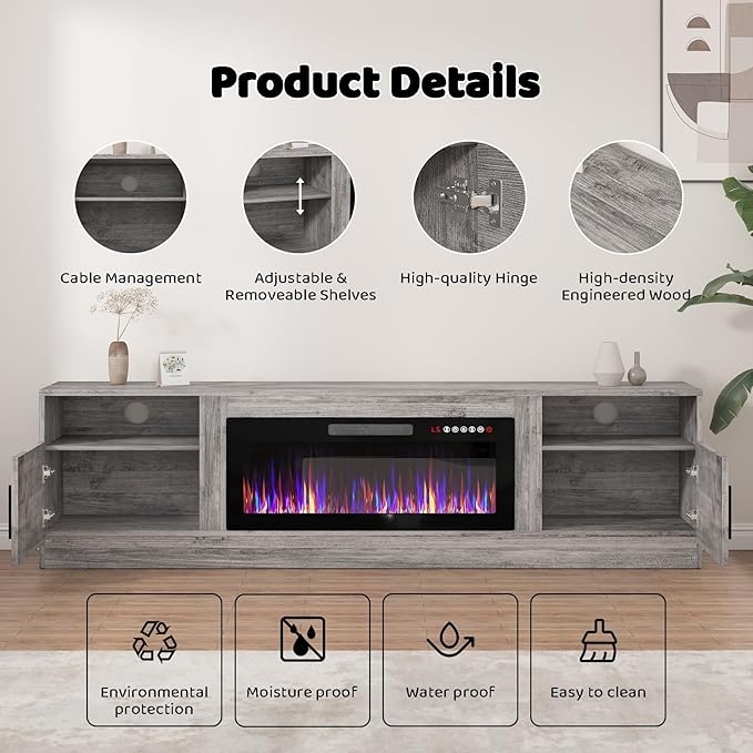 Lemberi Fireplace tv Stand with 36 inch Fireplace Up to 90" TVs, LED Light Entertainment Center and Storage, 80" Modern Wood Media TV Console with Highlight Cabinet for Living Room (Gray)