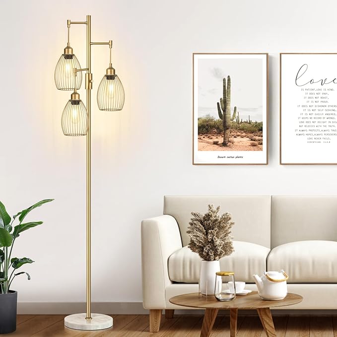 Dimmable Floor Lamps for Living Room, Industrial Standing Lamp with Marble Base, Gold Tree Tall Pole Light with 3 Elegant Teardrop Cage Head & 800 Lumens LED Bulbs for Bedroom Office