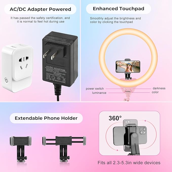 Aureday 14'' Pink Selfie Ring Light with 62'' Tripod Stand and Phone Holder, Dimmable LED Phone Ringlight for Makeup/Video Recording/Photography, Circle Lighting for Cell Phones&Lightweight Cameras