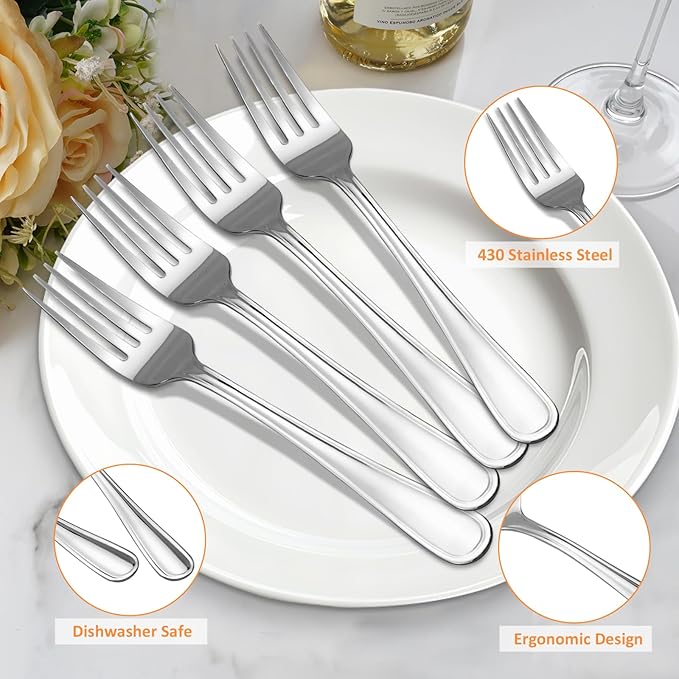 Dinner Fork Set -12 PCS Silver 18/0 Premium Food Grade Stainless Steel Flatware Salad Forks， Durable Metal Forks Silverware, Mirror Polished & Dishwasher Safe for Home, Kitchen, Restaurant