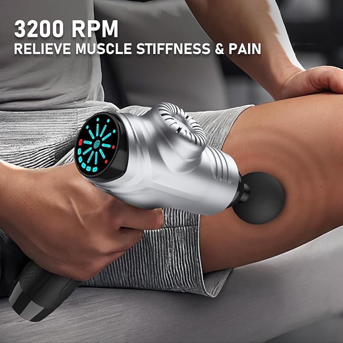 RAEMAO Massage Gun, Handheld Electric Deep Tissue Muscle Massager for Athletes for Pain Relief Attaching 8 Replacement Heads, Percussion Massager with 10 Speeds, Father's Day Gifts, Silver