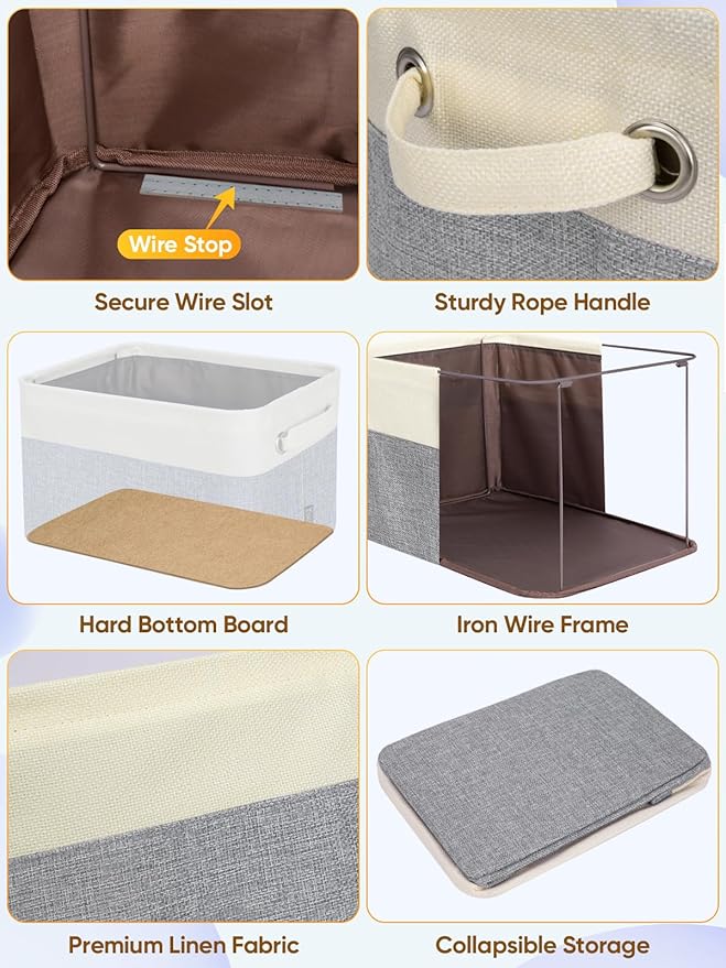 BALEINE 3 Pack Fabric Storage Bins for Shelves, Linen Storage Baskets for Organizing, Decorative Closet Bins for Clothes, Home (Grey, 14''x10''x8.5'')