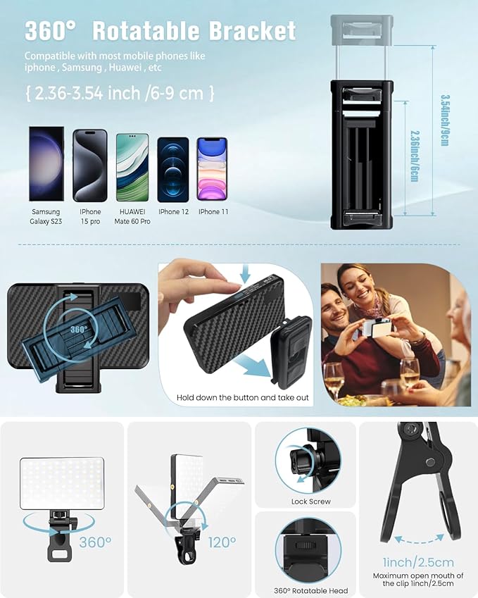 168 LED Phone Light, Selfie Light for iPhone/iPad/Camera, Portable Video Conference Lighting with Clip, Rechargeable 3000mAh CRI 95+, 3 Lights Modes Alix Earle Lights for Selfie, Makeup, Laptops, Vlog